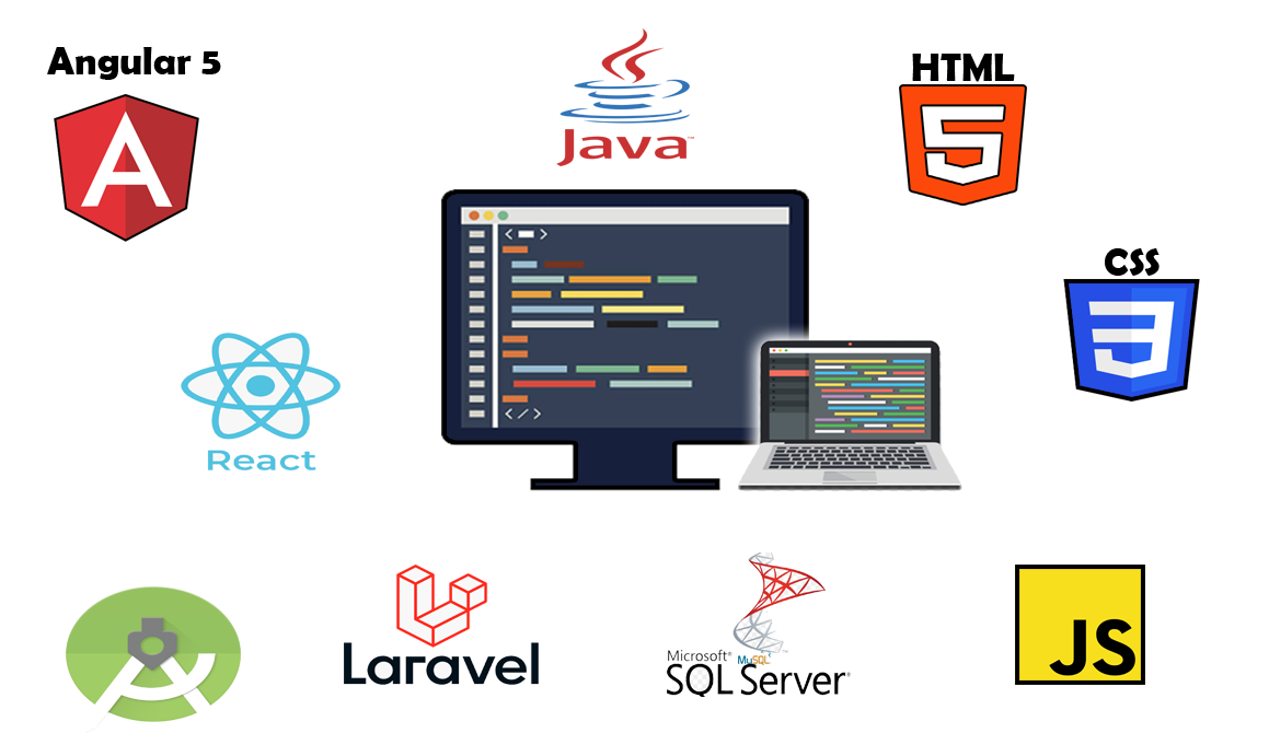 Monitor, Laptop y Logos de html, css, javascript y react.